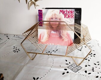 Vintage record holder for 33 and 45 rpm vinyls, in gold metal, record storage, magazine holder