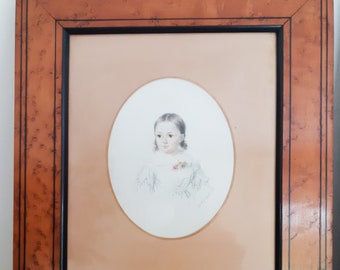 Young girl engraving, signed Melle Demarcy, magnifying glass frame, circa 1830, antique French