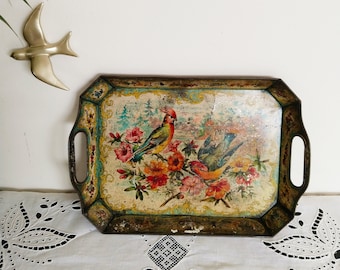Napoleon III painted sheet metal tray, floral decoration, antique French