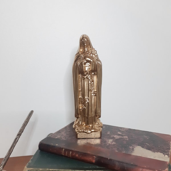 Plaster statue of Saint Thérèse of Lisieux, made in France, shiny gold patina, restyled