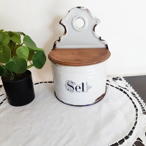 Antique wall-mounted salt box, in white enamel and wood, vintage French, 1930s