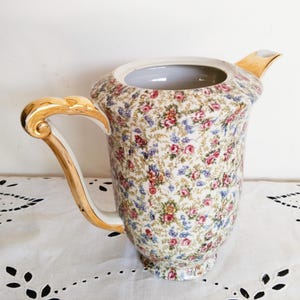 Limoges porcelain coffee pot Lourioux Foecy, floral decoration, Liberty style, vintage French