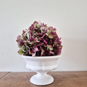 Peut inclure: Un vase à pied en céramique blanche rempli de fleurs d'hortensia séchées. Les fleurs sont un mélange de violet profond, de vert et de rose fané. Le vase a une forme classique et élégante, posé sur une surface en bois.