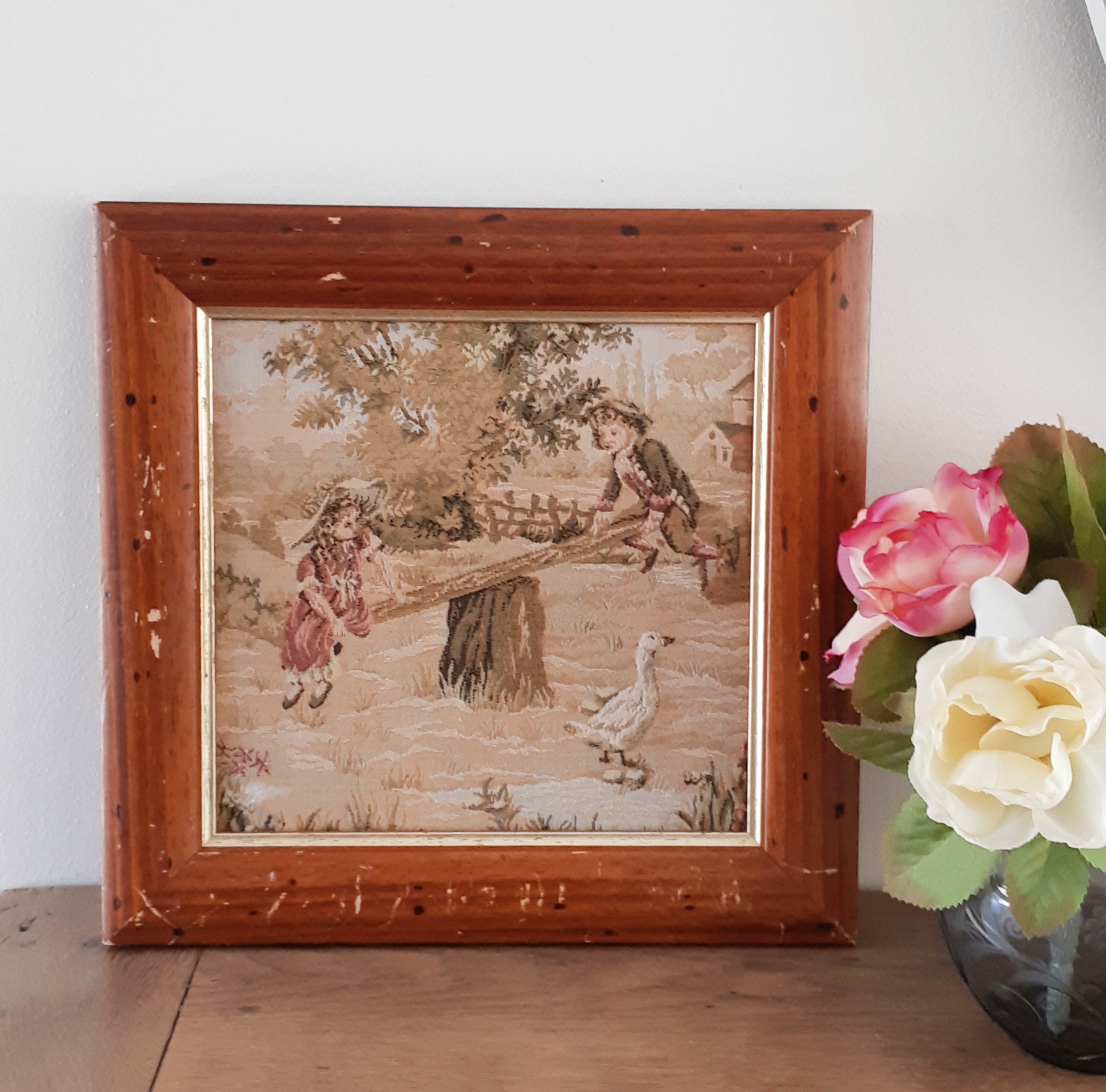 Tableau Brodé Au Petit Point , Vintage