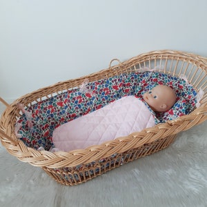 Rattan doll cradle, antique, restored vintage, Liberty Danjo fabric