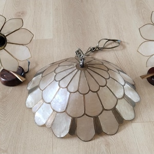 Mother-of-pearl and brass pendant light with wall lights, vintage lighting, 1950s