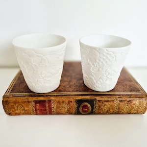 Può includere: Due tazze in ceramica bianca con un motivo floreale in rilievo sono appoggiate su un libro d'epoca con una copertina in pelle marrone usurata. Le tazze hanno una forma leggermente conica e sono vuote.