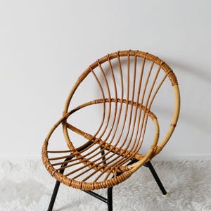 Children&#39;s rattan basket armchair, metal legs, 1950s, vintage French