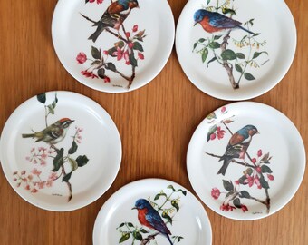 May include: Set of five white ceramic coasters featuring colourful bird illustrations. Each coaster depicts a different bird species perched on a branch with pink and yellow flowers.