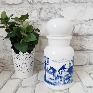 Large white opaline apothecary jar, blue toile de Jouy pattern, antique French