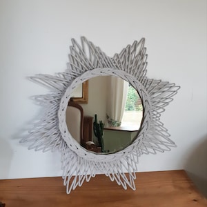 Vintage rattan/wicker sun mirror, taupe color