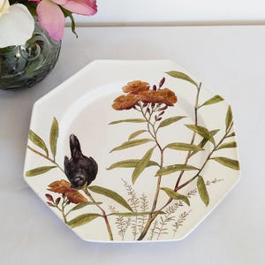 Antique 10" octagonal plate foliage bird Minton ESSEX BIRDS 1880s