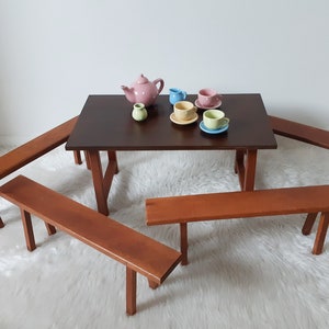 Vintage doll table and 4 benches, wooden, Dejou doll living room, French vintage