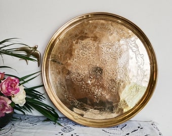 Old Moroccan serving tray in hammered copper, 48 cm