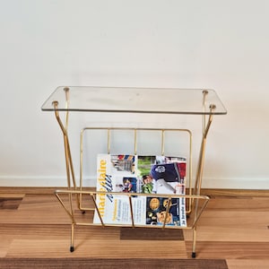 Vinyl record player stand, record player stand, record player stand, magazine rack, 1950s, brass and plexiglass