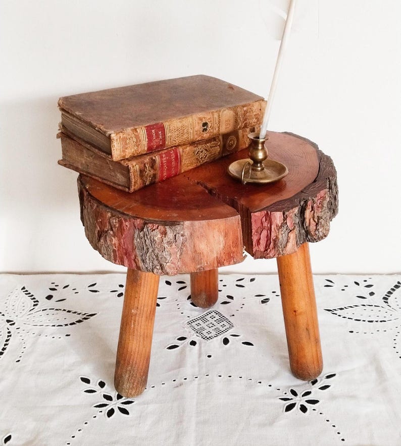 Solid Wood Farmhouse Stool, Vintage French, Bedside Table, Plant Stand