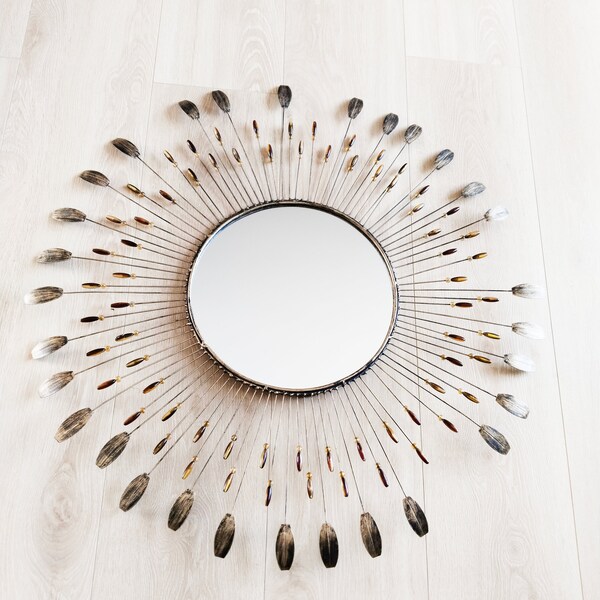 Grand miroir soleil en métal 75 cm, vintage, style Line Vautrin
