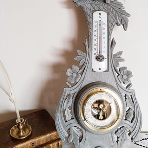 Antique large aneroid barometer and thermometer, carved wood, lichen patina, late 19th century
