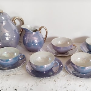 Antique Japanese fine porcelain tea set in pearly blue and gold