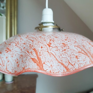 Pendant chandelier, vintage light fixture in white and red marbled glass, vintage French