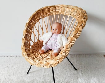 Children's rattan basket armchair, metal compass legs, vintage