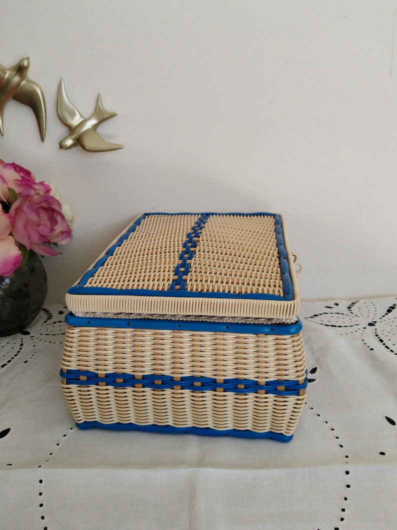 Sewing box, work box, scoubidou, blue, vintage image 4