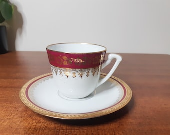 Limoges porcelain coffee cup, red and gold, antique French
