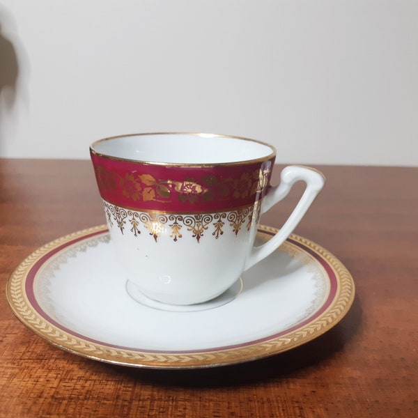 Tasse à café porcelaine de limoges  , rouge et or , antique français