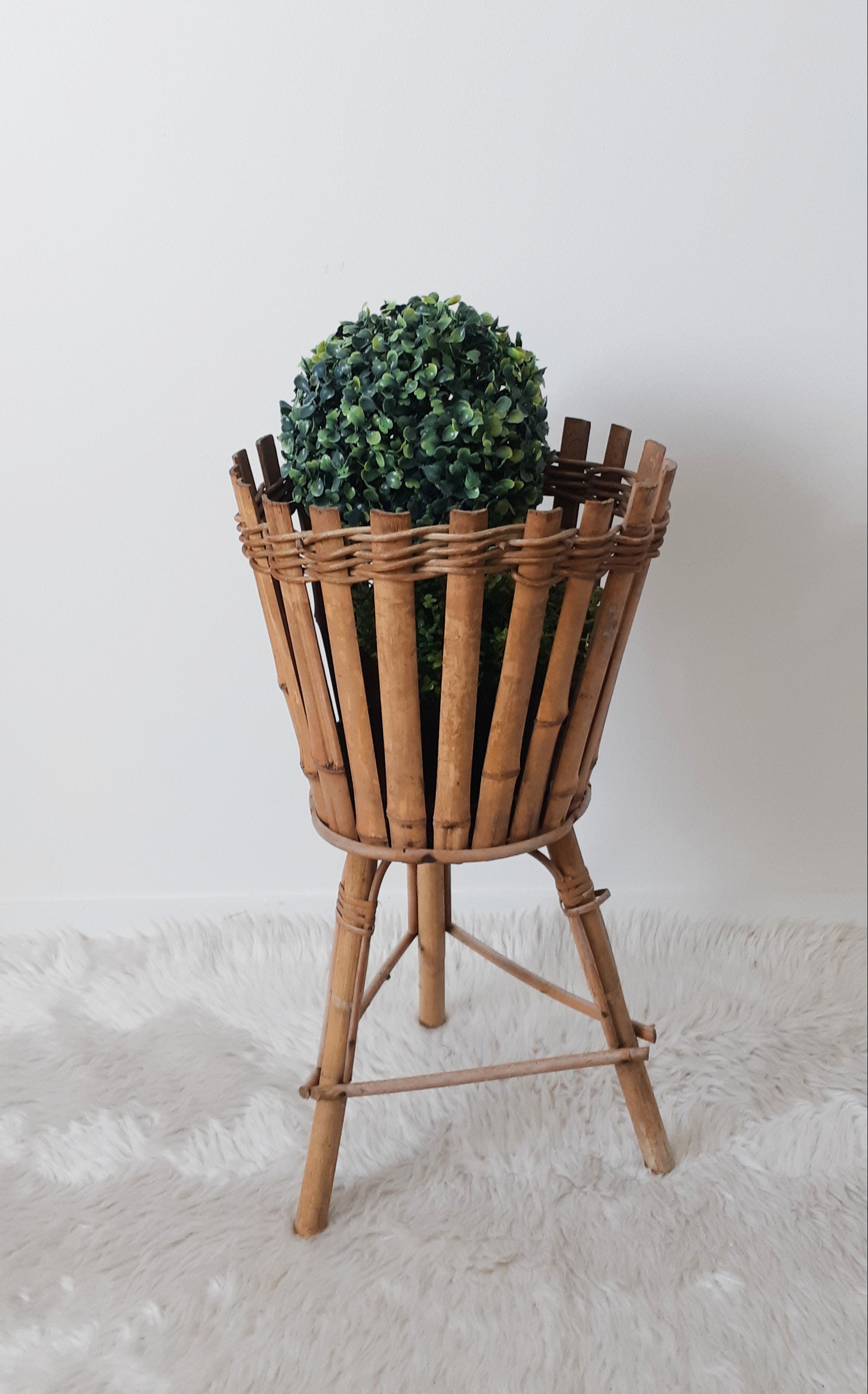 Porte-Plantes Tripode en Rotin, Vintage Français, Années 50