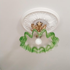 Ceiling light, chandelier pendant light, vintage light fixture in white and green frosted glass, golden rosette, vintage French