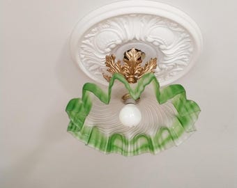 1930年代アンティークアールヌーボーペンダント、天井照明、黄色の