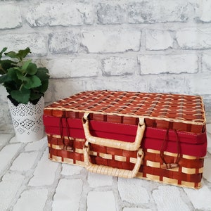 Red rattan suitcase, wicker, French vintage, vanity