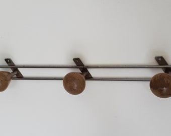 Wooden and metal coat racks, 3 heads, French vintage, 1950s