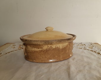 Terrine ovale en grès vintage , plat de cuisson faience vernissée  ,  antique français