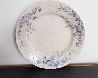 Flat plate or serving dish in Creil and Montereau earthenware, Linotte pattern, vintage French