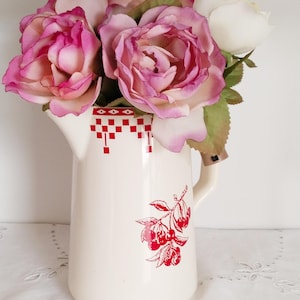 Comptoir de Famille pitcher in white and red porcelain, French, water jug, carafe