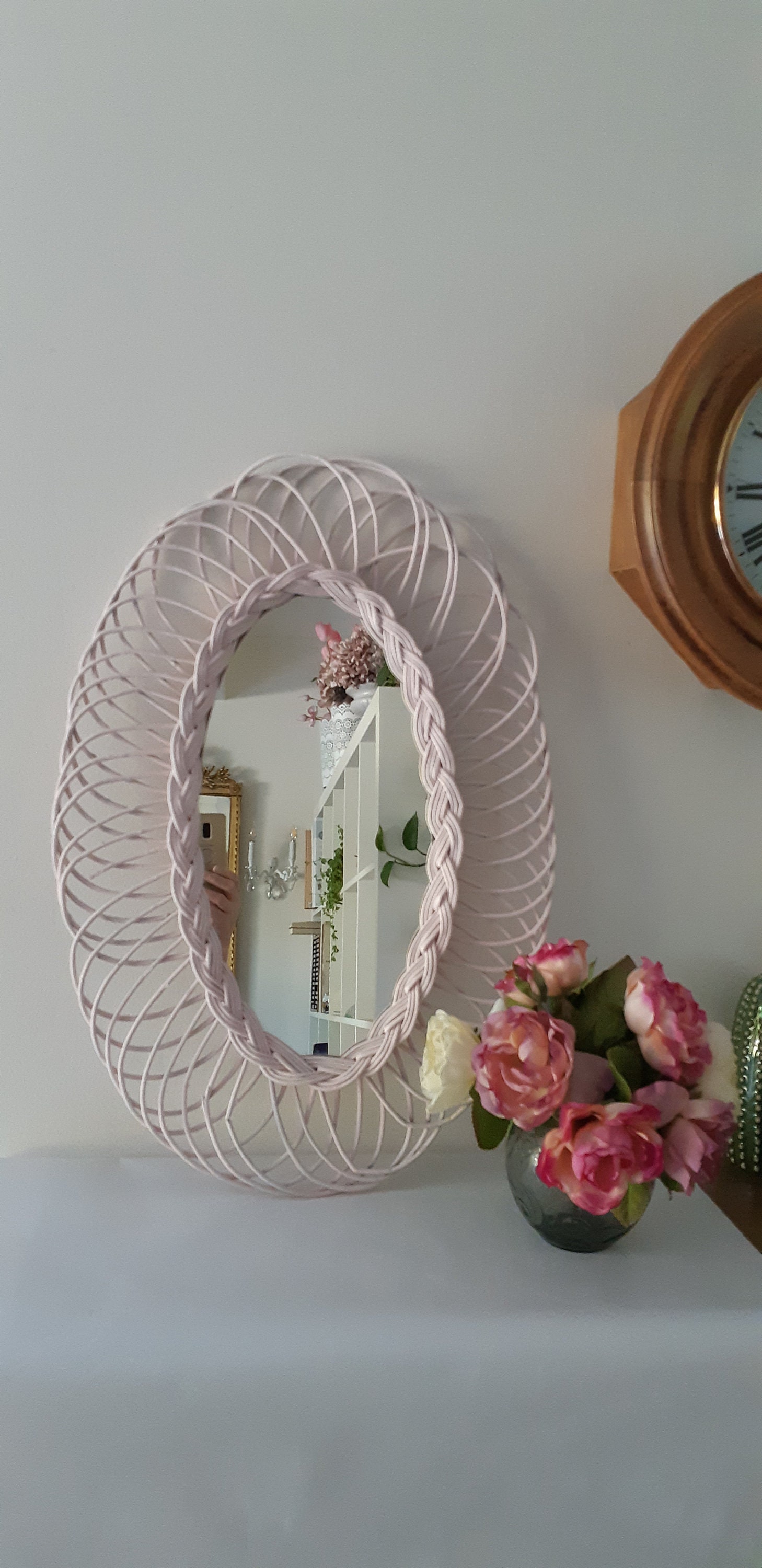 Grand Miroir Soleil Vintage en Rotin/Osier Rose Poudre