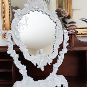 Vintage table psyche mirror, taupe with white patina, miror, shabby chic