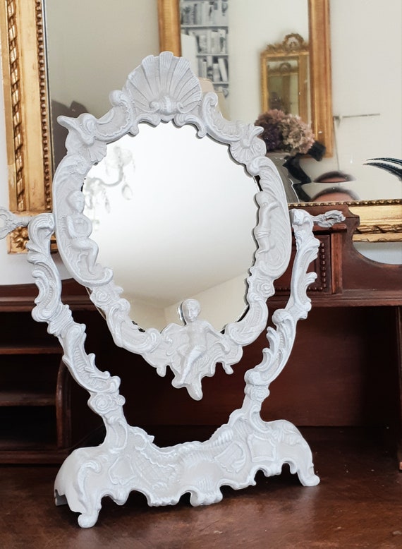 Vintage Table Psyche Mirror, White Patinated Taupe, Miror, Shabby Chic 