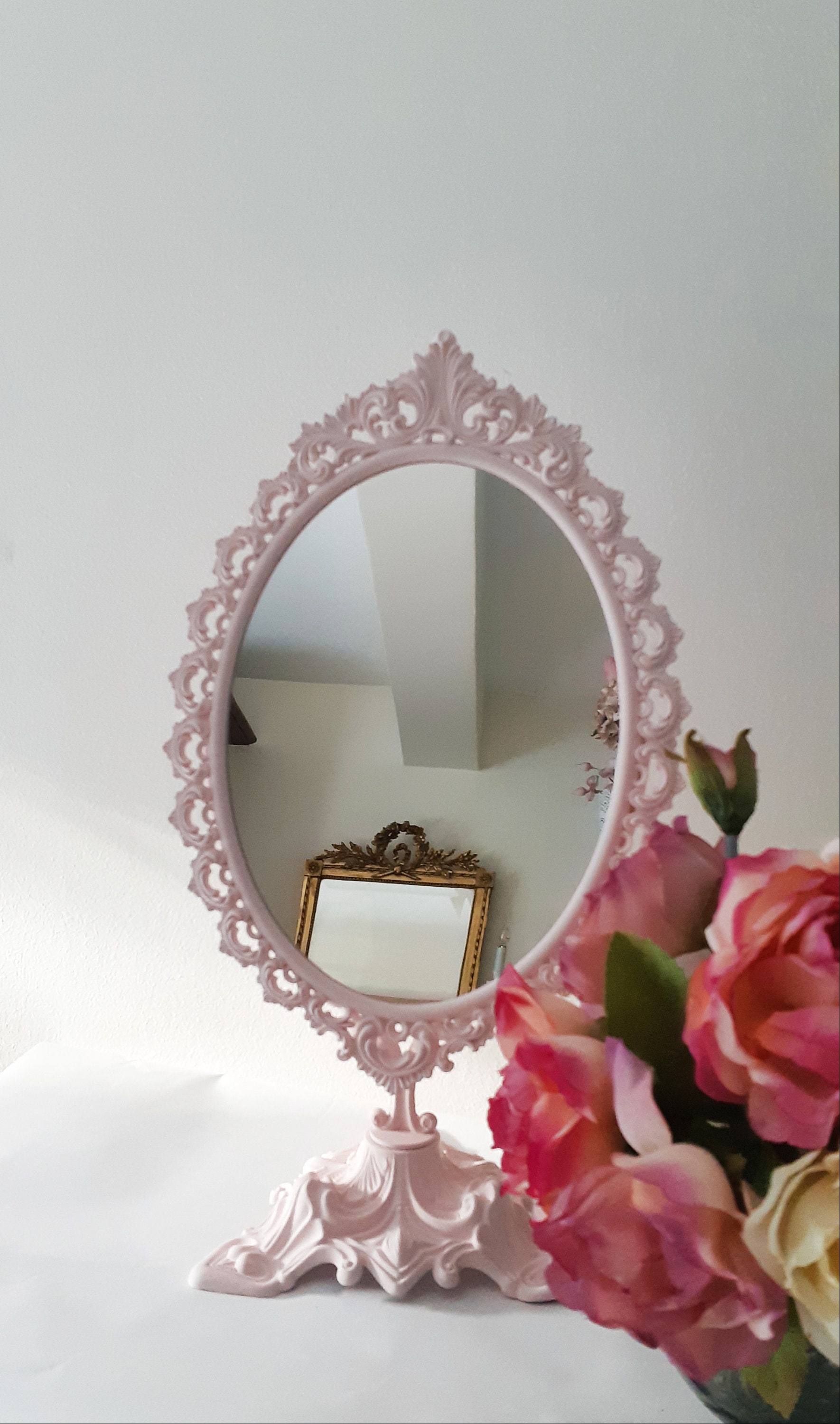 Miroir Psyché de Table Patiné Rose Poudes, Shabby Chic