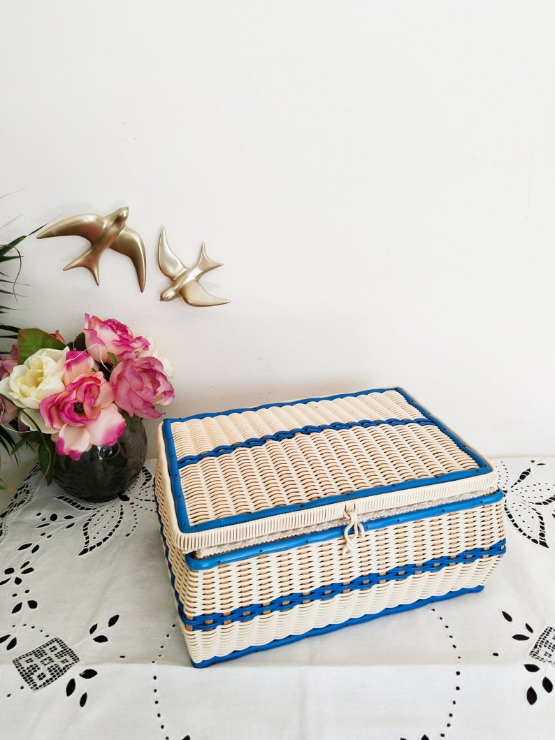 Sewing box, work box, scoubidou, blue, vintage image 1