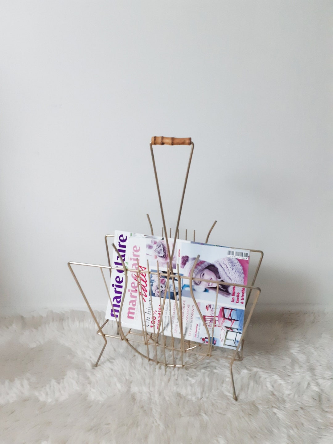 Vintage Magazine Rack, in Gilded Metal and Bamboo, 1950s, French ...