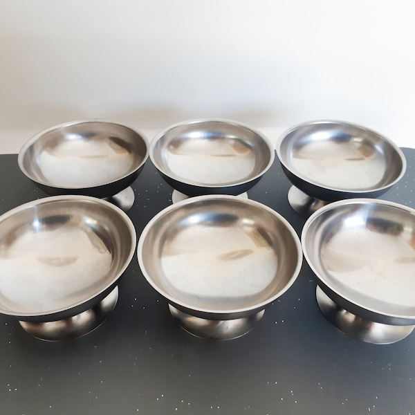 Ice cream or sorbet cups on foot, set of 6, vintage, stainless steel, 70s, made in France (lot 4)