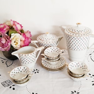 Antique French coffee/tea service, Limoges porcelain, Ribes, art deco style