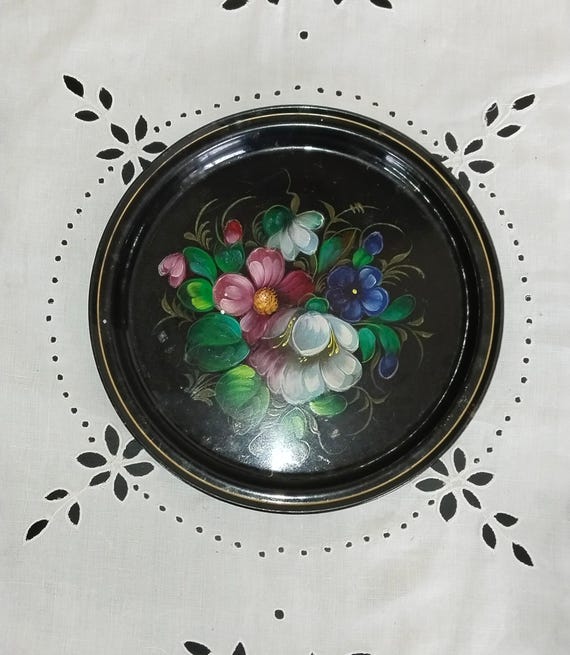 PLATEAU URSS VINTAGE MéTAL PEINT FLEUR SOVIéTIQUE 50cm tôle