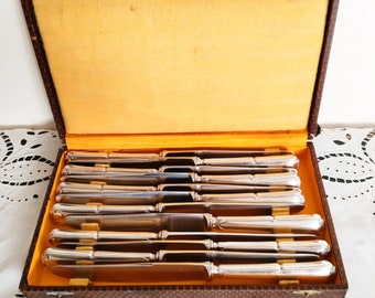 Lot de 12 couteaux vintage ,  lame inox et manche en argent + écrin , G.Vivier