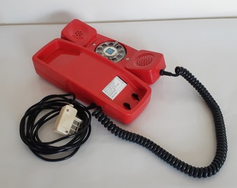 Rotary dial telephone, red, vintage, 80s