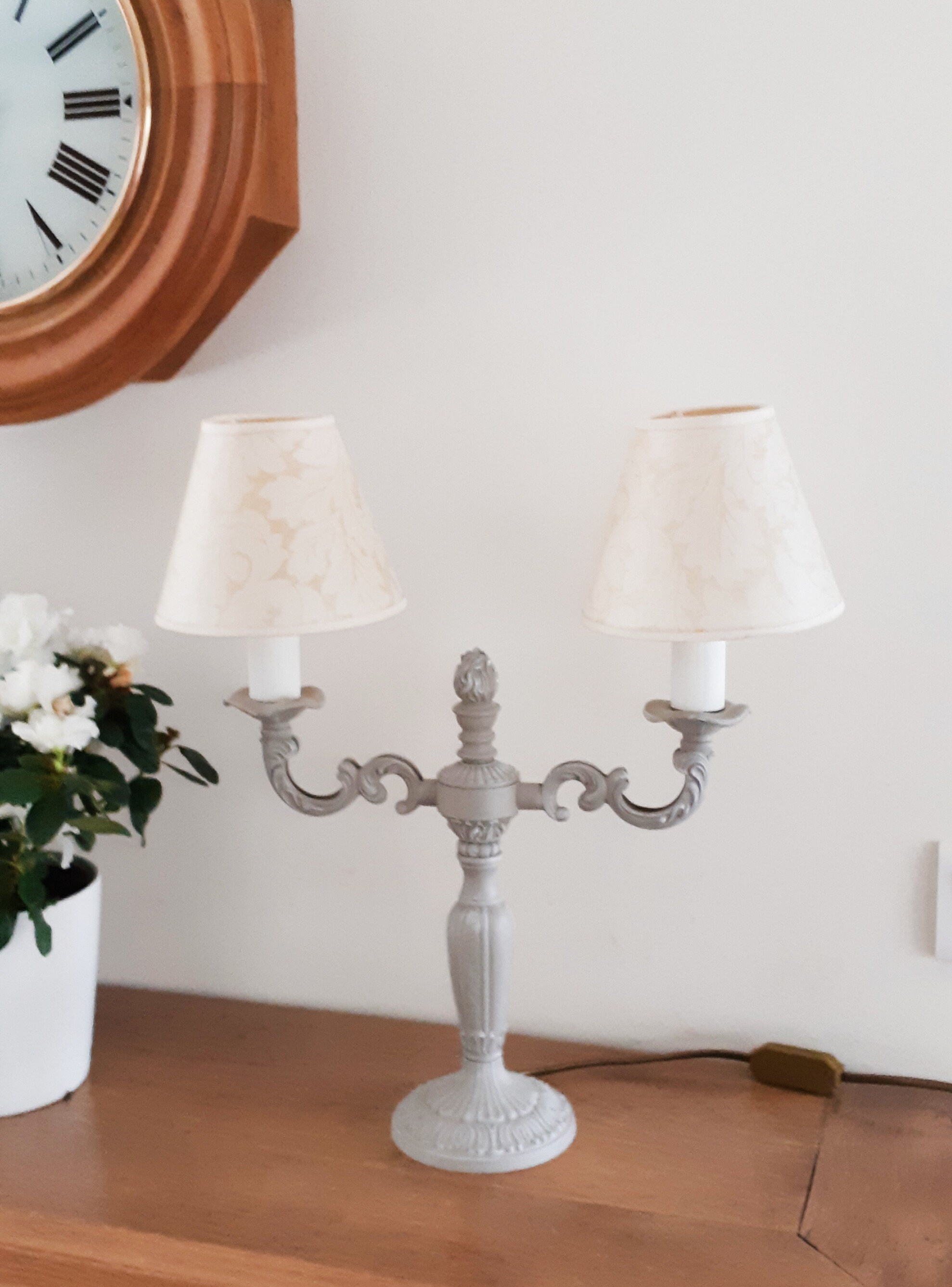 Lampe Bougeoir 2 Feux , Patinée Taupe Vintage Français