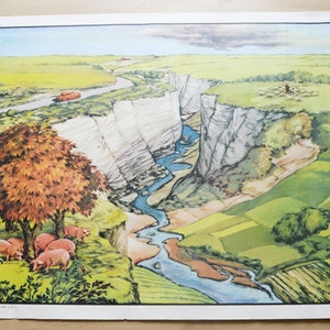 Affiche d'école vintage, Oberthur, année 1965, n 13," le plateau" et n 14 " la colline", affiche pédagogique