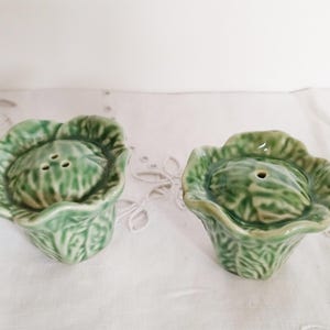 Salt and pepper shakers in barbotine, green cabbage, vintage French